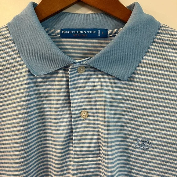 Southern Tide Men's Light Blue and White Striped Polo Shirt - Picture 7 of 8